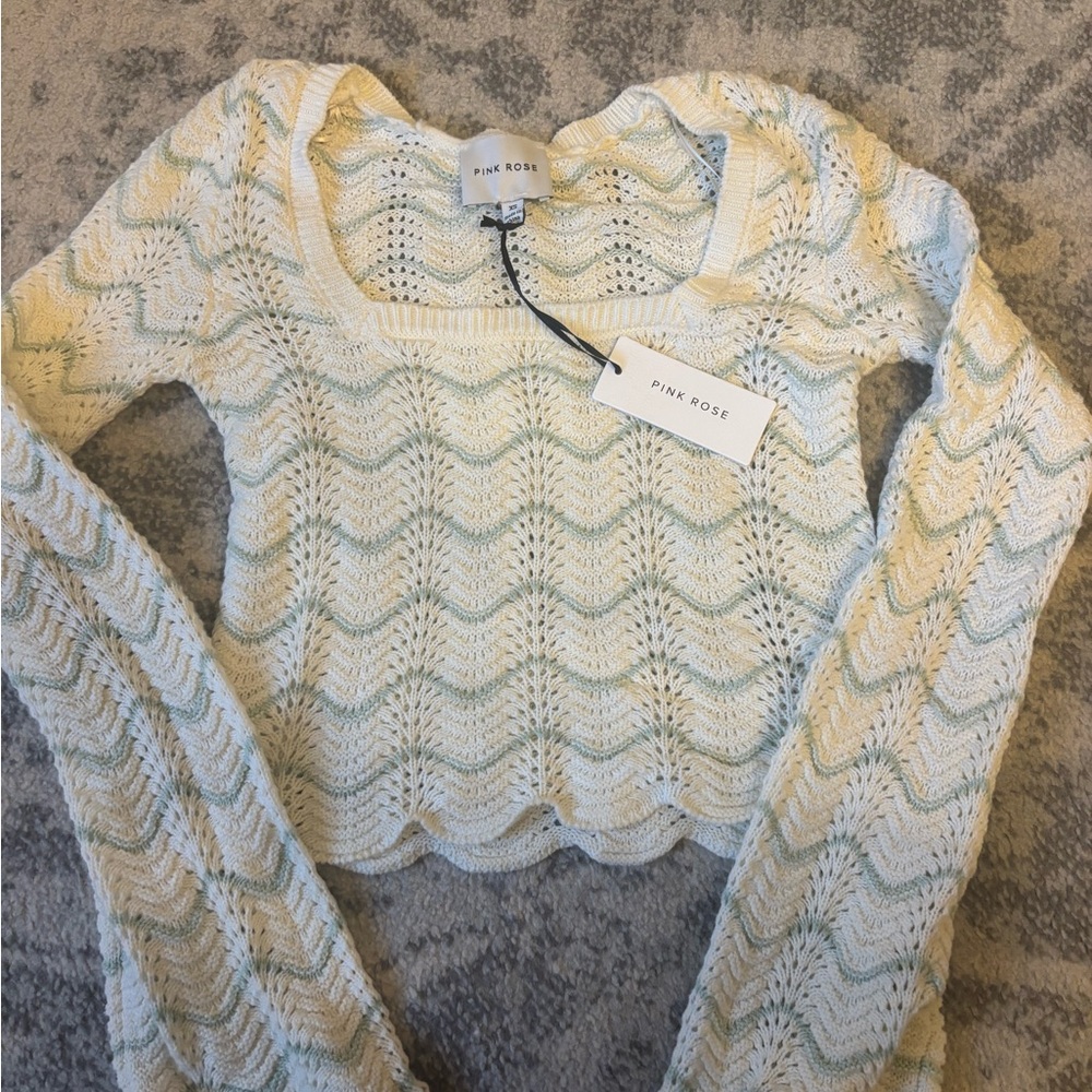 NWT Pink Rose Chevron Knit Top in Cream and Green